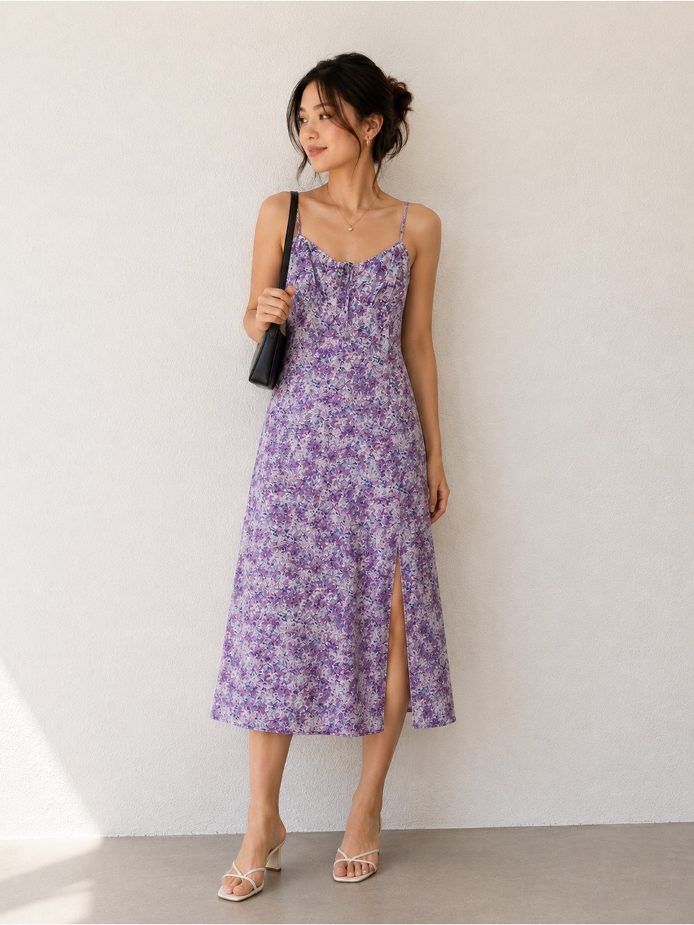 Purple Floral Slip Midi Dress with Thin Straps